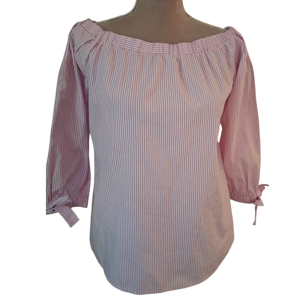Potters Pot Pink White Striped Off Shoulder Blouse Tie Sleeve Top Size Medium